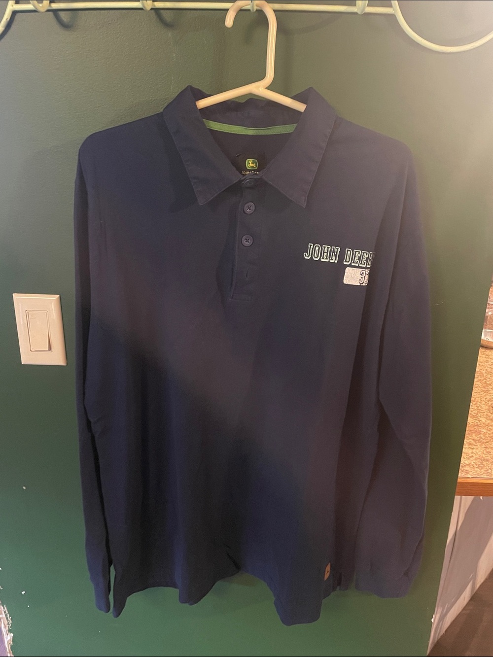John Deere Navy Long-Sleeve Polo with Green Collar Trim Size Large